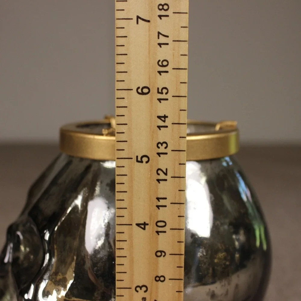 Mercury Glass Skull Tea Light Candle Holder Smoked Silver Gold Rim Gothic Decor
